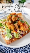 Image of the white plate filled with the Wonton Chicken Tostadas.