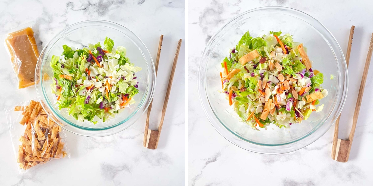 A bowl filled with an asian salad mix then mixed together with all included ingredients.