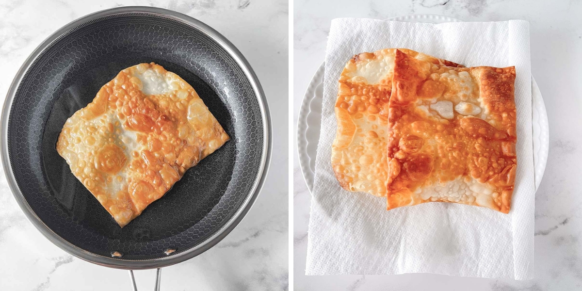 Frying egg roll wrapper in a skillet of oil then draining on paper towels.