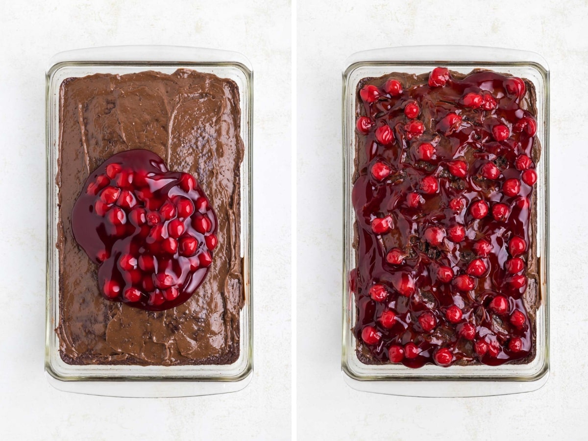 Cherry pie filling added on top of pudding layer and evenly spread out.