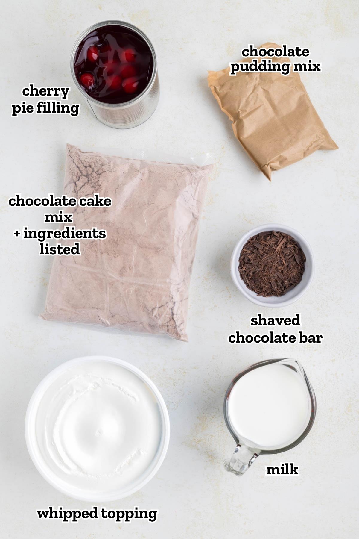 A labeled image of ingredients needed for black forest poke cake.