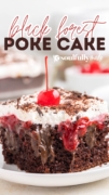 Side view of a piece of Black Forest Poke Cake topped with a cherry.