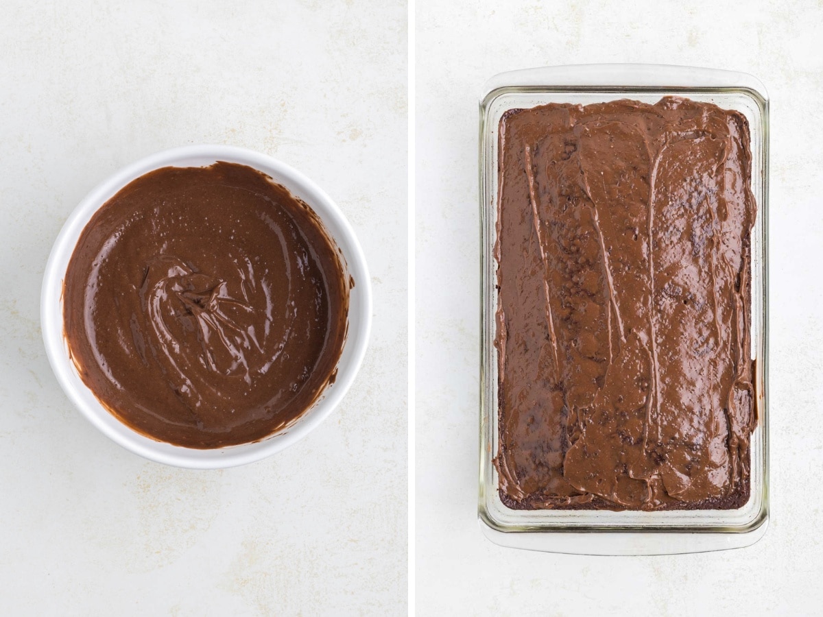 Pudding mixed together and added evenly over cooled cake.