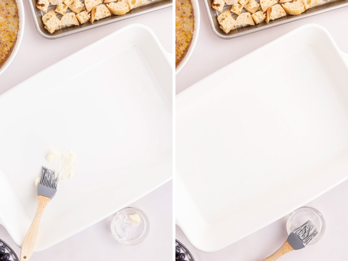 A collage image shows buttering casserole dish and dish after being buttered.