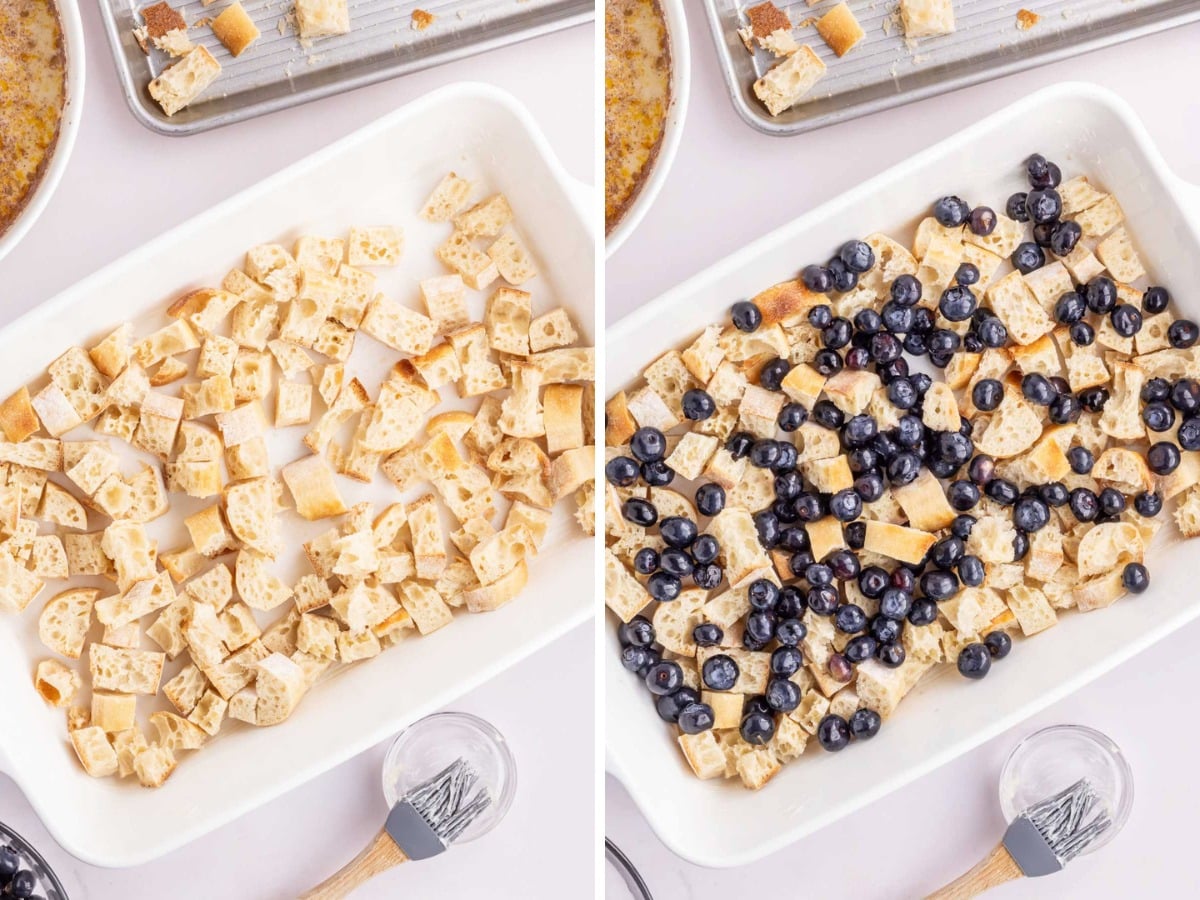 A collage image of bread cubes added to casserole dish and then topped with blueberries.