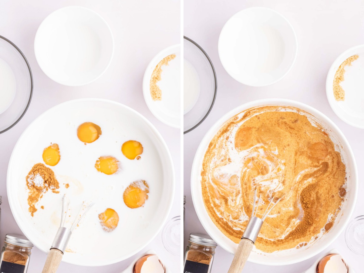 A collage image shows custard ingredients in a bowl and being whisked.
