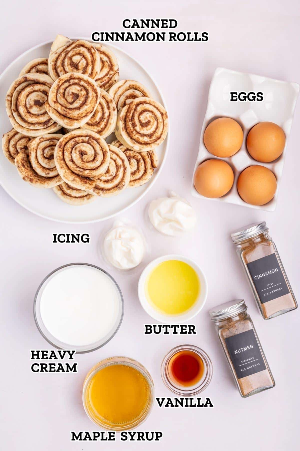 A labeled image of ingredients for cinnamon roll casserole.