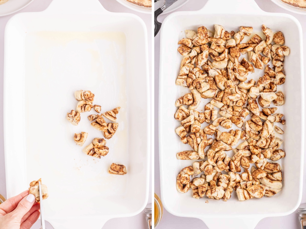 Cutting cinnamon rolls with kitchen scissors.