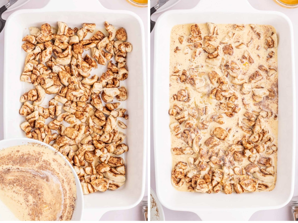 Pouring egg custard mixture over cinnamon roll pieces.