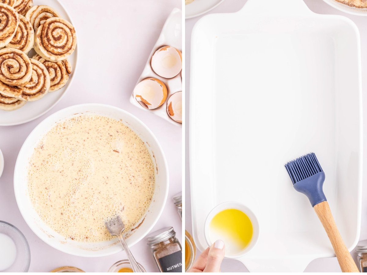 Buttering dish to prep for baking.