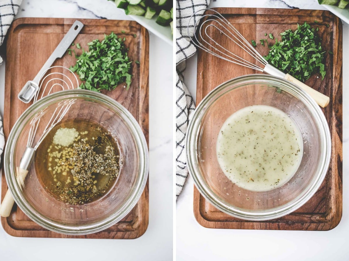 A collage image shows dressing ingredients in a glass bowl and then the dressing whisked together.