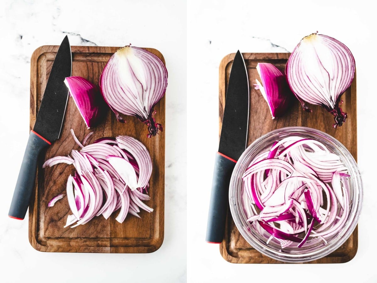A collage image showing red onion thinly sliced and then placed into a bowl of water so that the sharpness of the onion in removed.