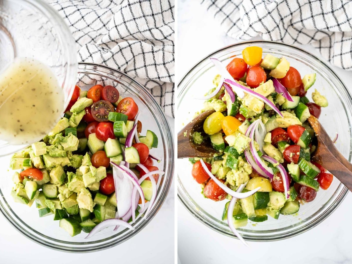 A collage image of vegetables in a bowl with dressing being poured over them and then being tossed together with wooden spoons.