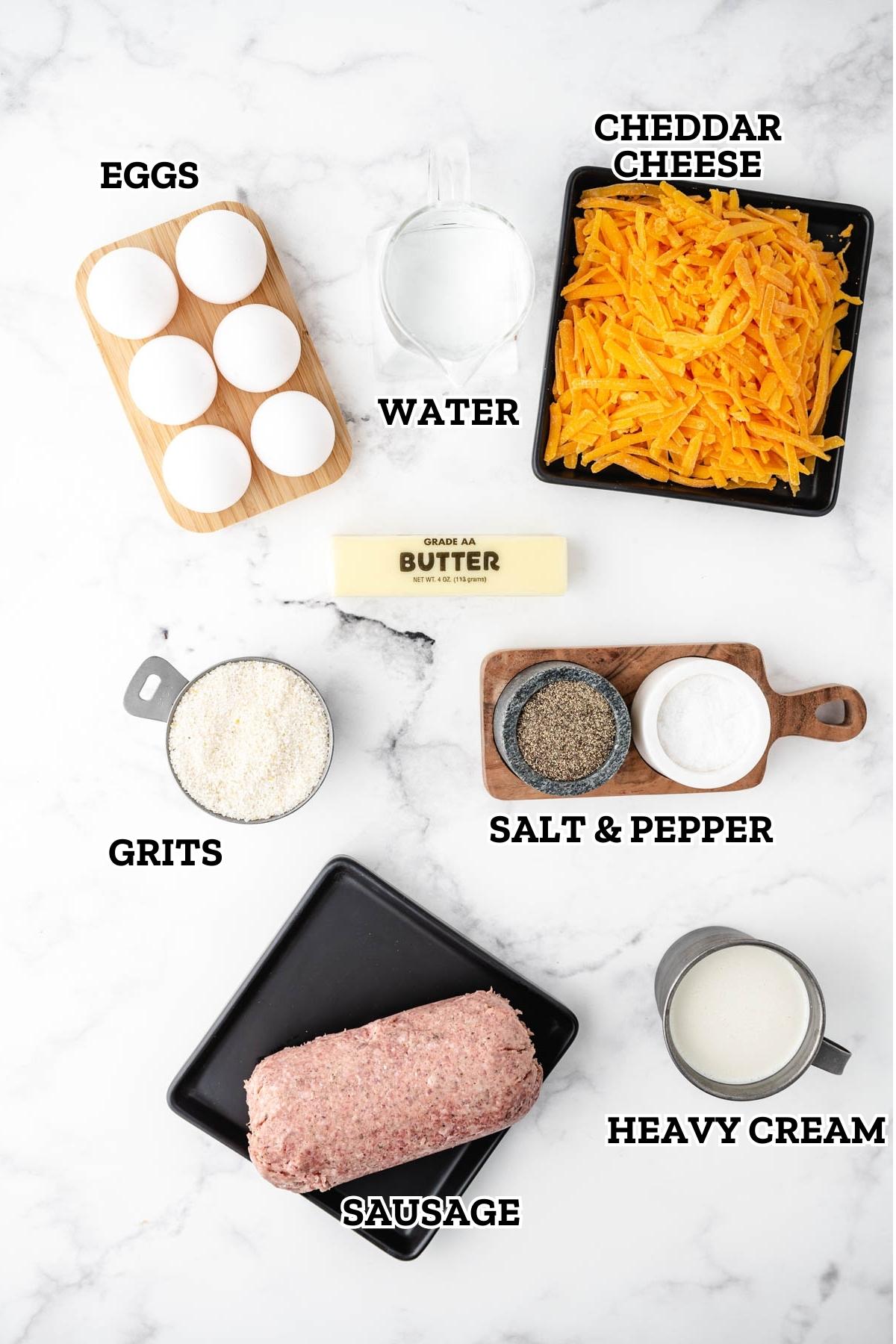 A labeled image of ingredients needed for grits and sausage casserole.