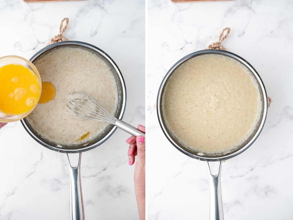Whisking in beaten eggs into cooked grits.