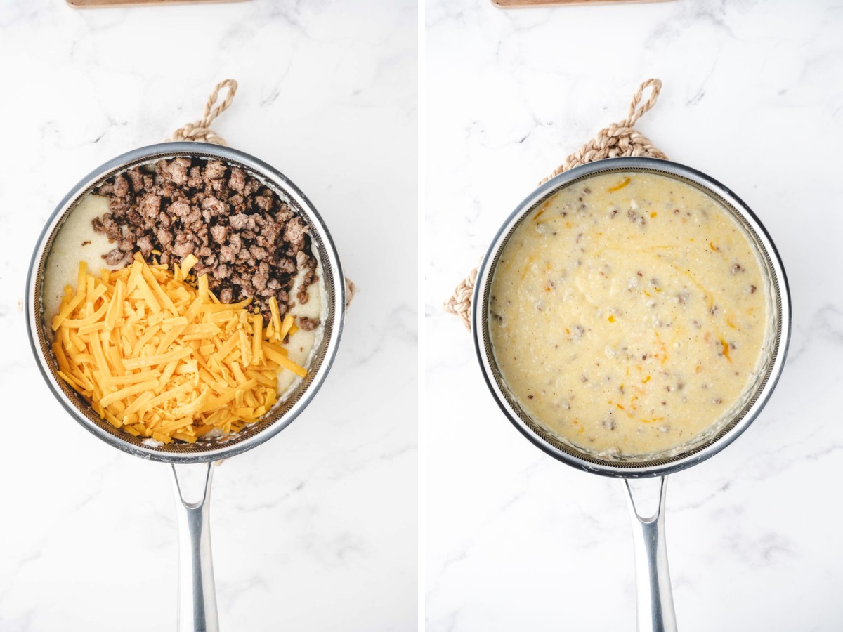 Adding half of shredded cheddar cheese and breakfast sausage to cooked grits and stirring to combine.