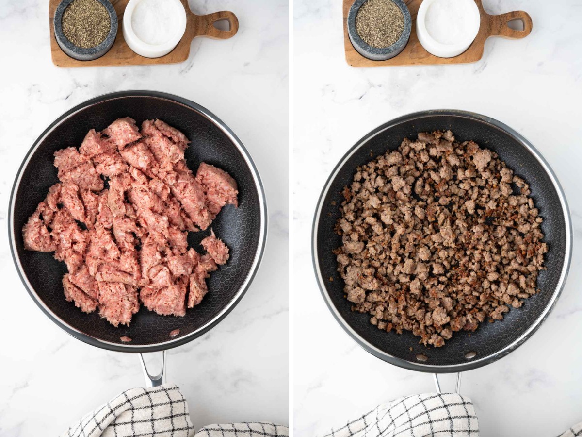 Cooking breakfast sausage in a skillet.