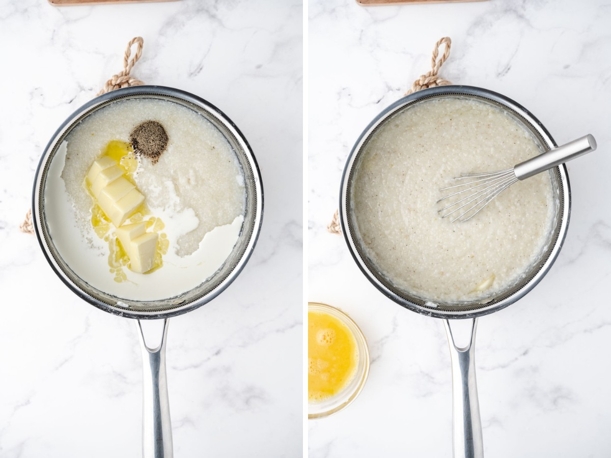 Adding butter, heavy cream, and pepper to cooked grits.