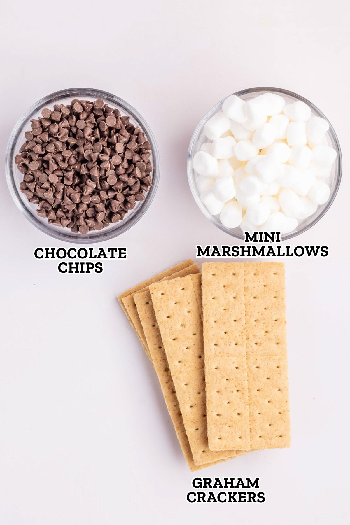 A labeled image of ingredients needed for s'mores dip.
