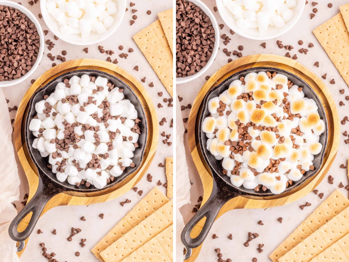 Collage image shows marshmallows added to the skillet and then broiled.