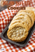 Pinterest image of pecan butter cookies on a silver tray.