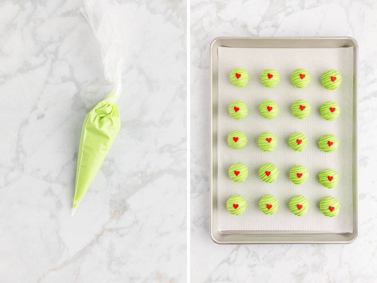 Melting green candy melts in a piping bag to drizzle on oreo balls and then top with candy heart.