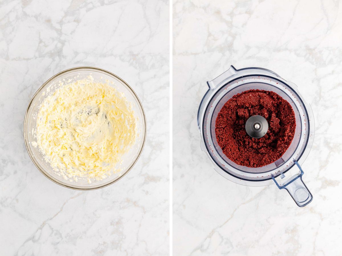Cream cheese whipped in a bowl and set aside while red velvet oreos are pulsed into crumbs in a food processor.