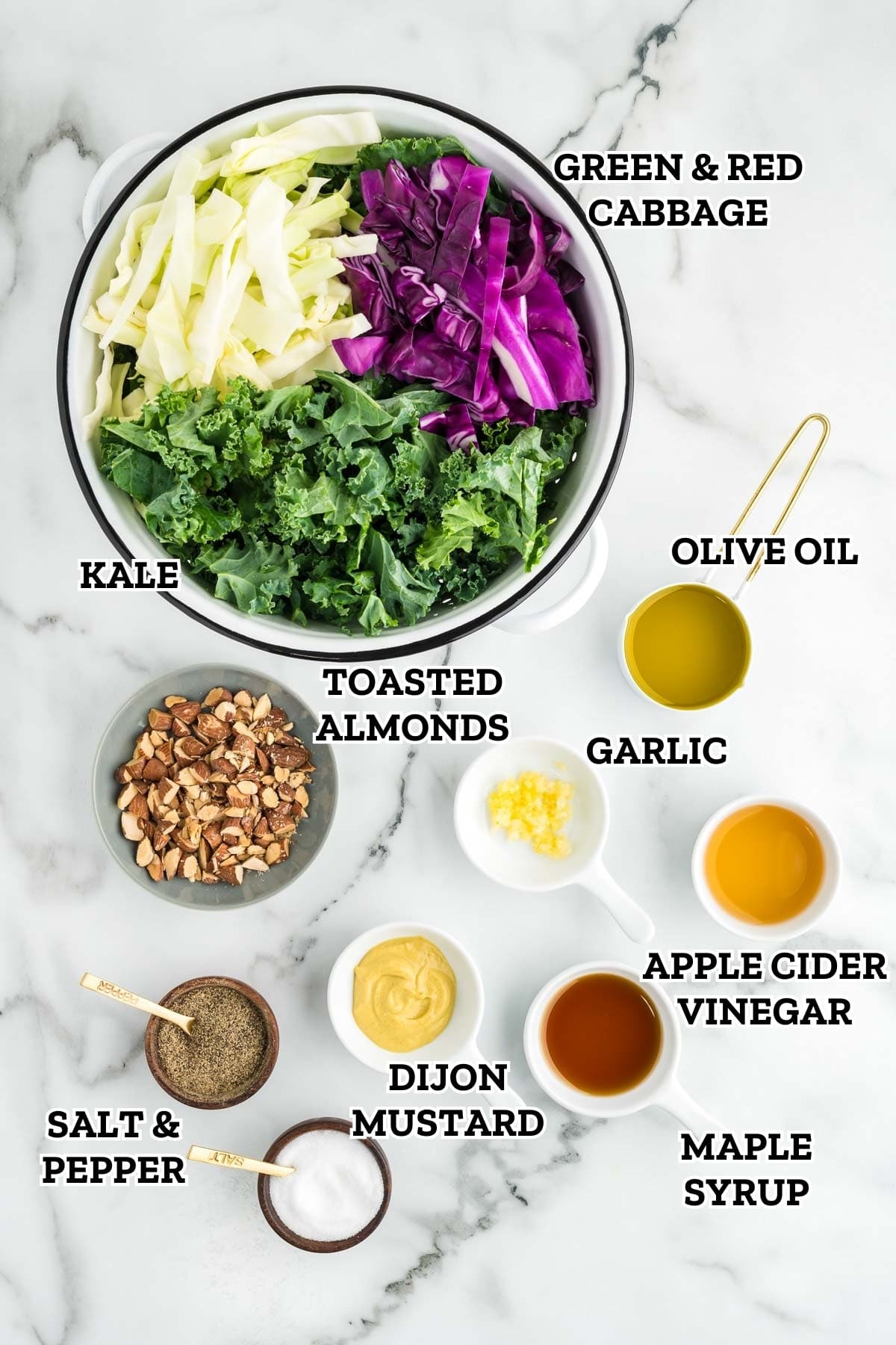 A labeled image of ingredients needed to make kale crunch salad.