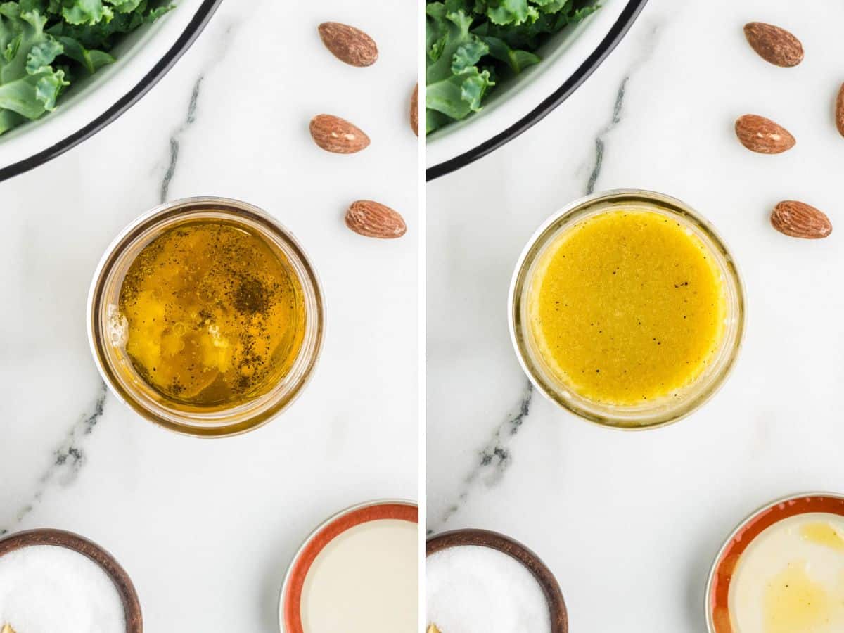 Salad dressing ingredients in a mason jar and then shaken together to combine.