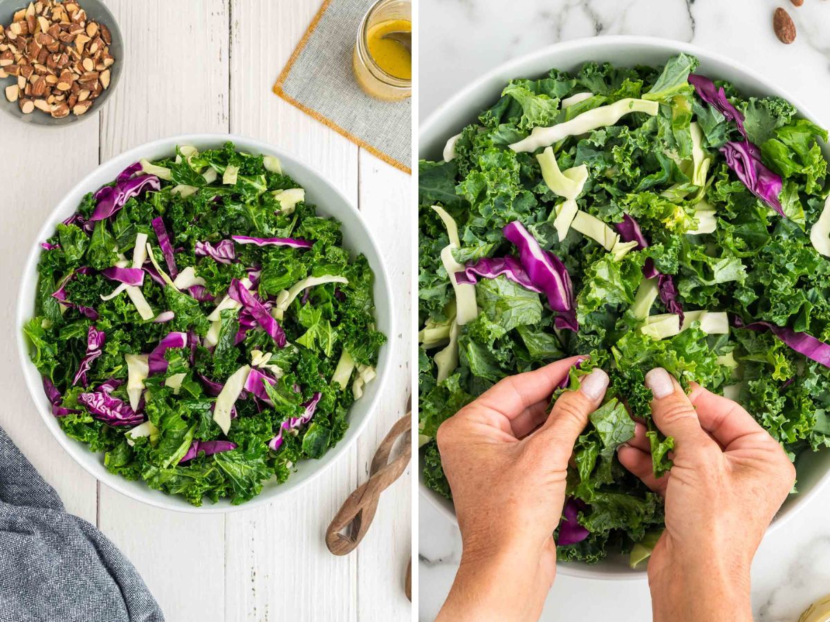 Kale and cabbage added to mixing bowl, topped with dressing and then dressing massaged into kale.