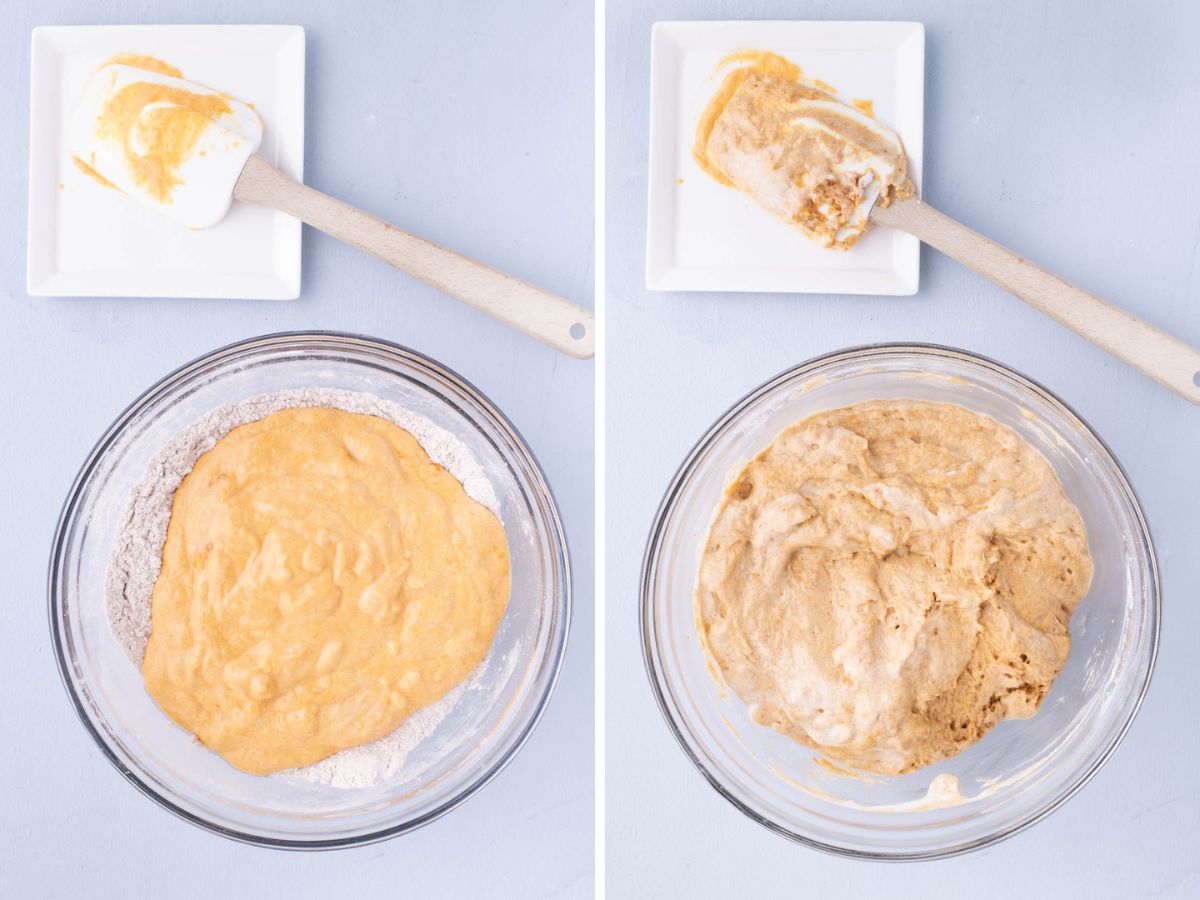 A bowl with wet ingredients poured into dry ingredients and the pumpkin pancake batter after sitting for 5 minutes.