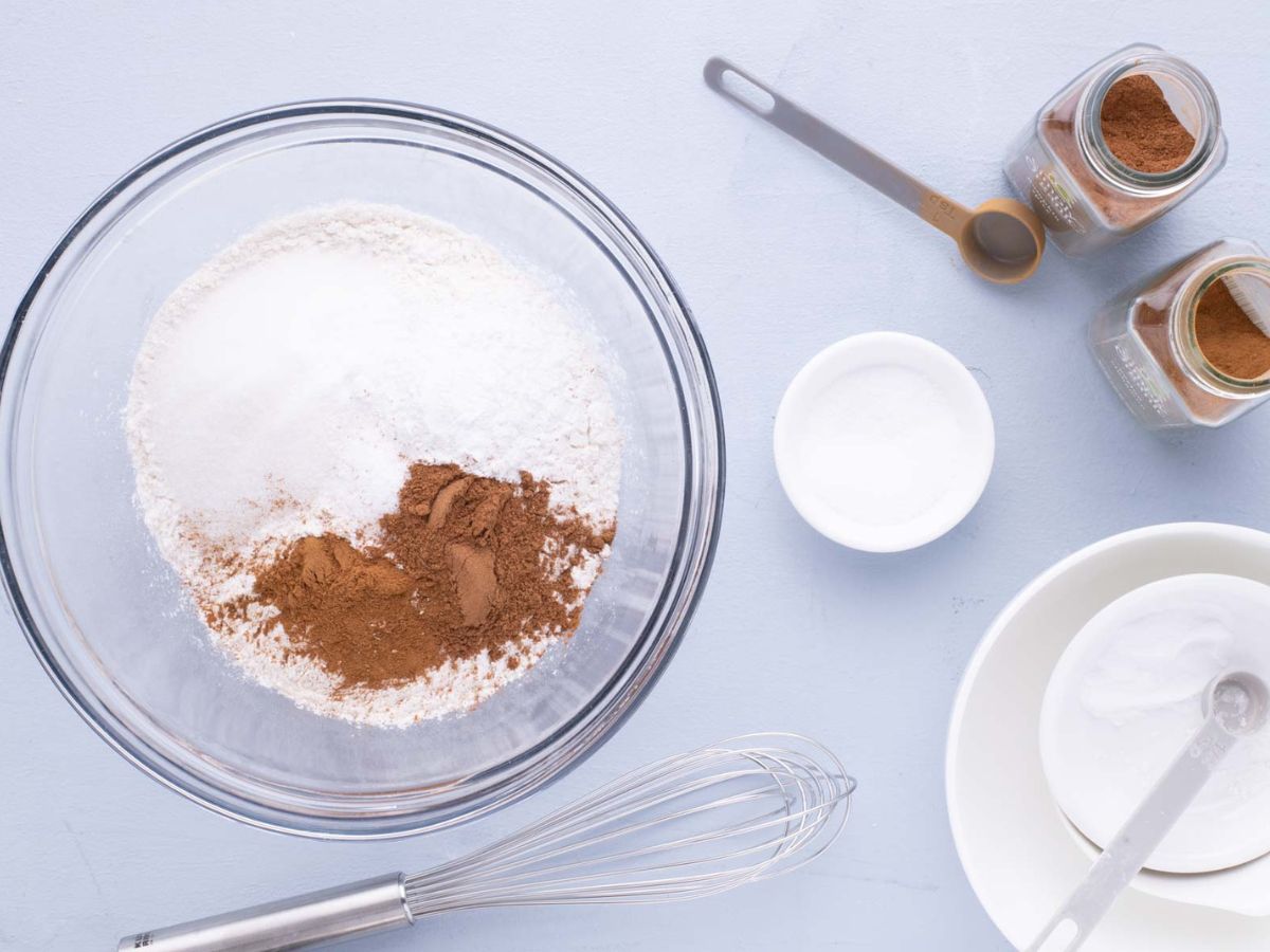 A mixing bowl with dry ingredients.