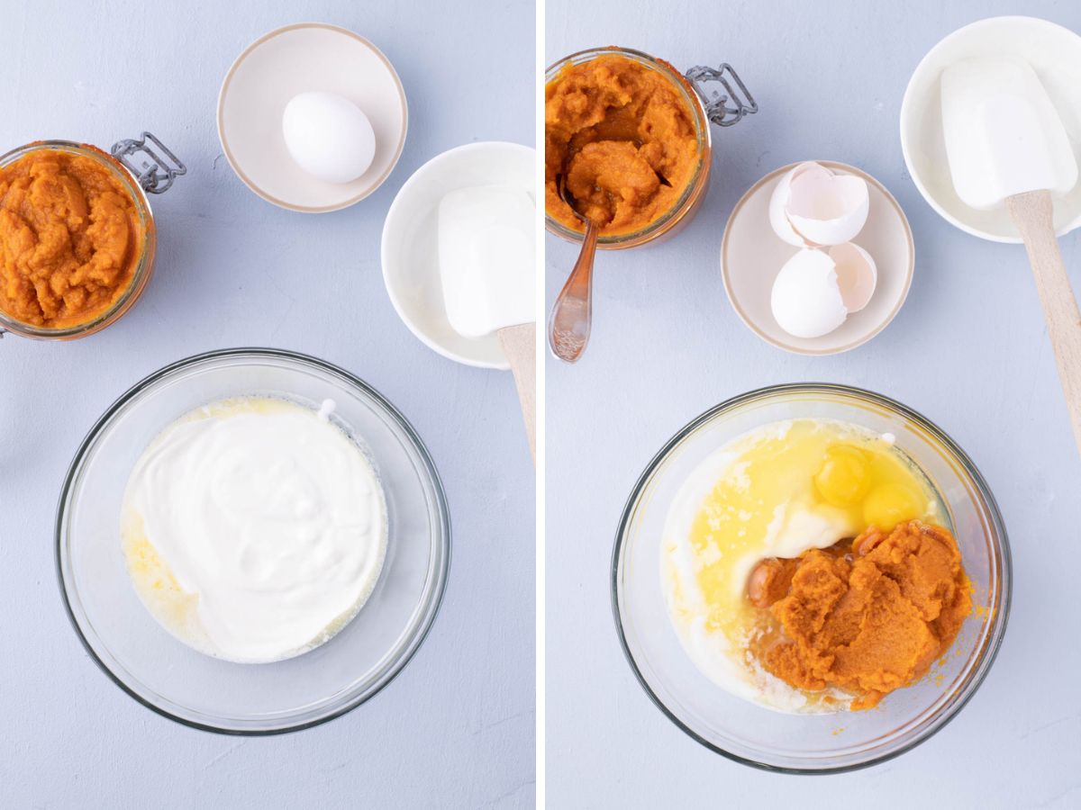 A mixing bowl with wet ingredients and then pumpkin puree and eggs added.