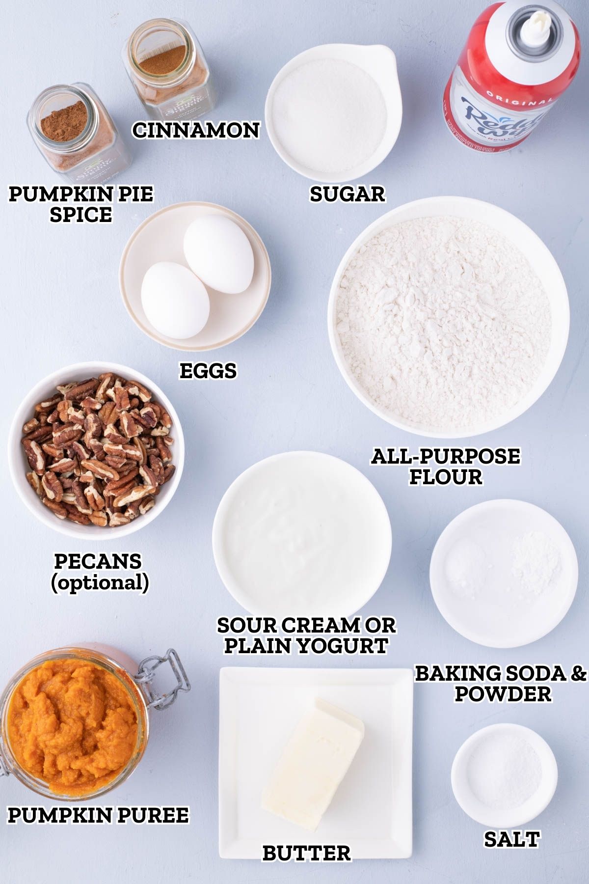 A labeled image of ingredients needed for pumpkin pancakes.