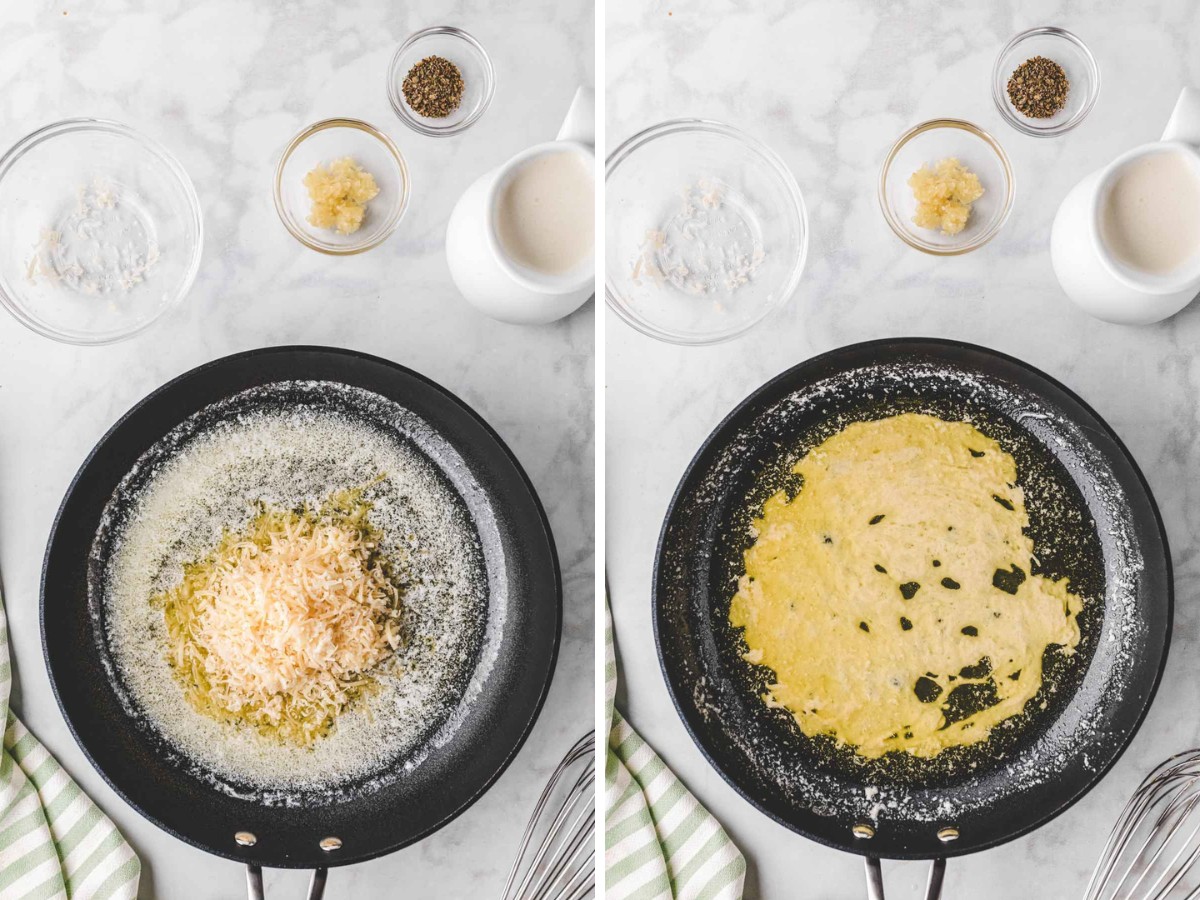 Adding parmesan cheese to melted butter and melting.