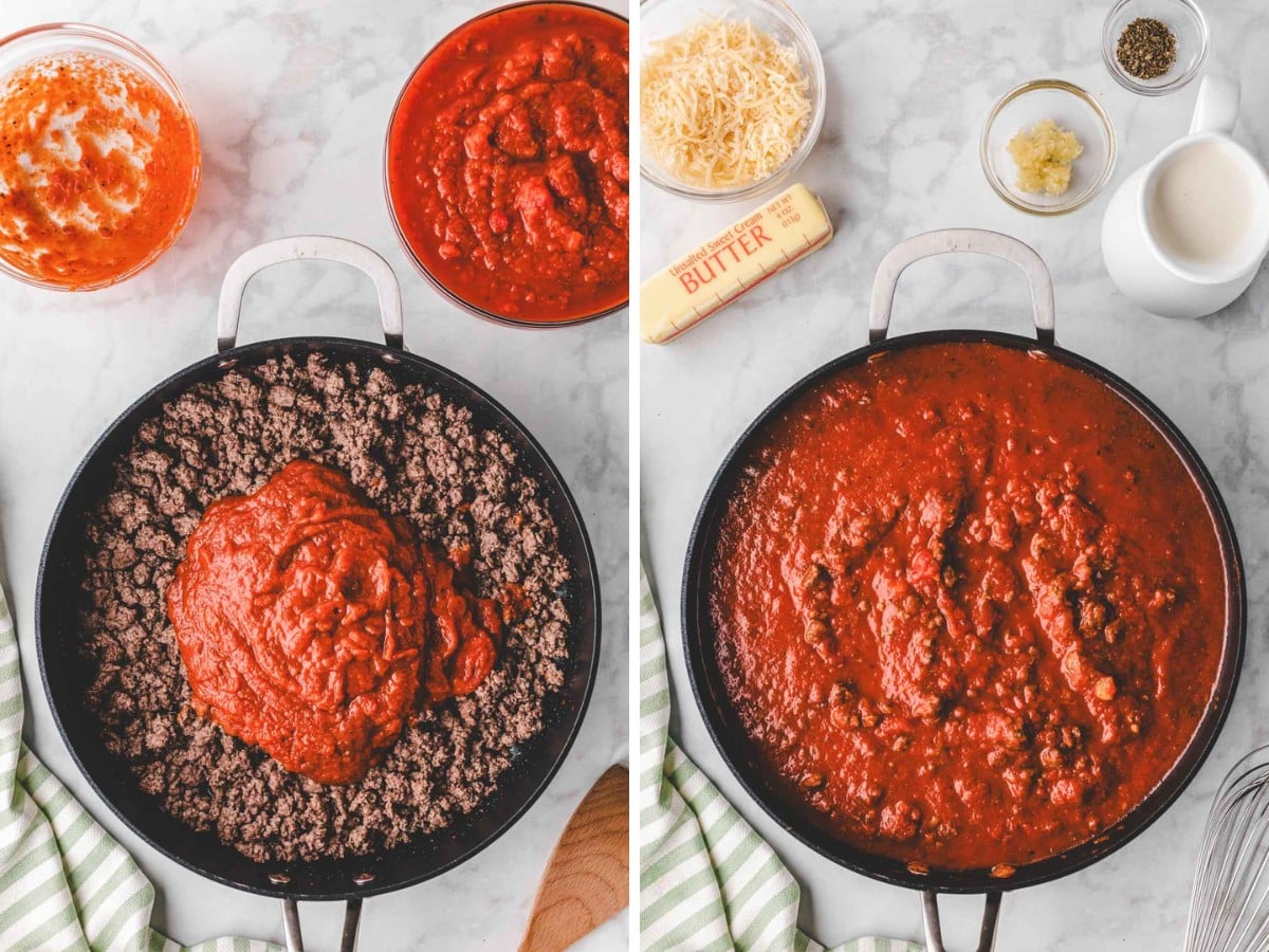 Pasta and Pizza sauces added to cooked ground beef and stirred together.