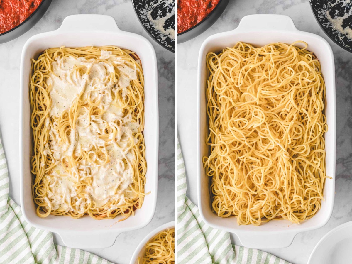 Alfredo sauce added to first layer of noodles and then second layer noodles added on top.