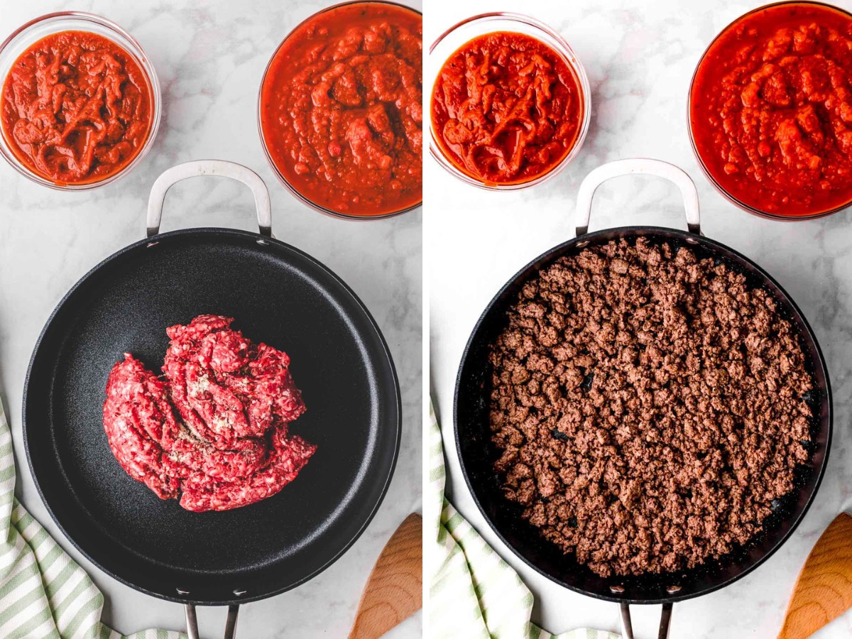 Cooking ground beef in a skillet.