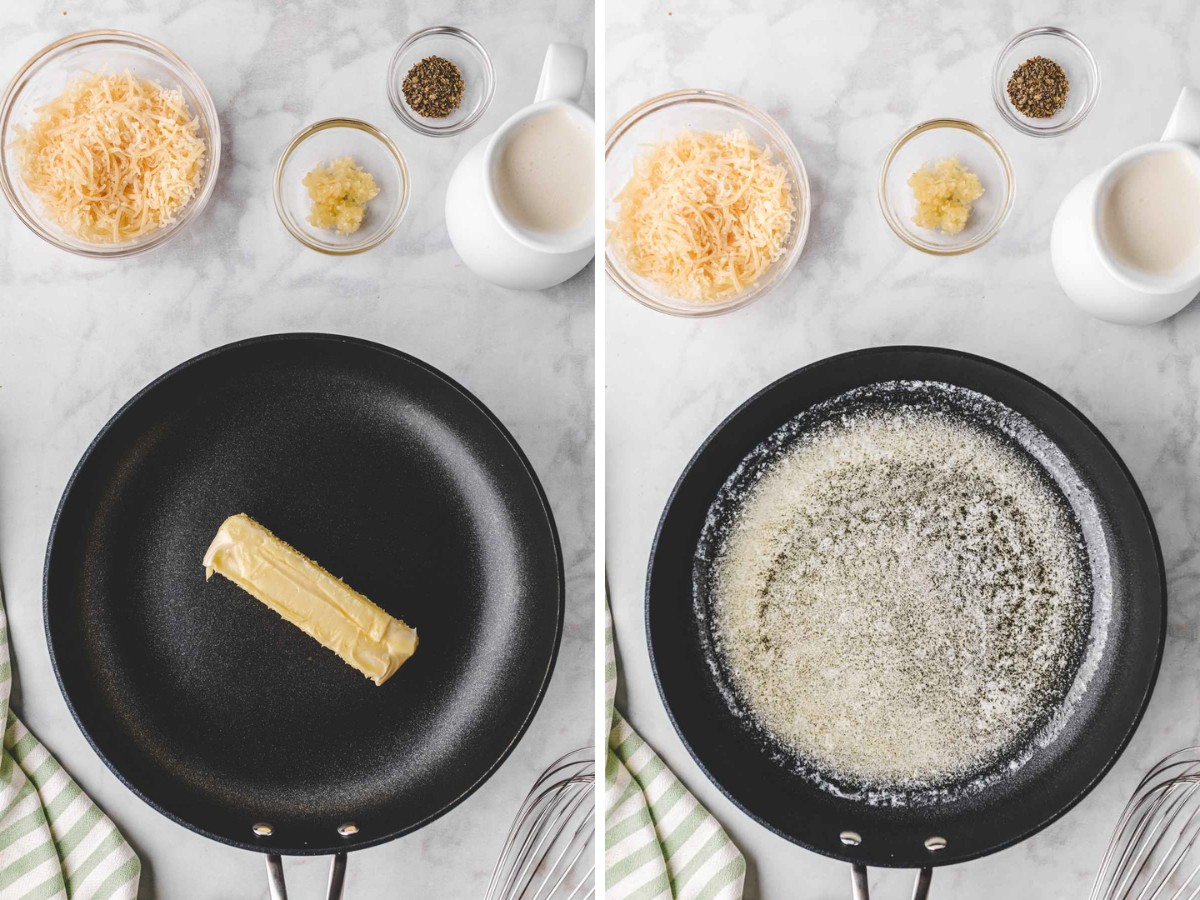 Melting a stick of butter in a skillet.