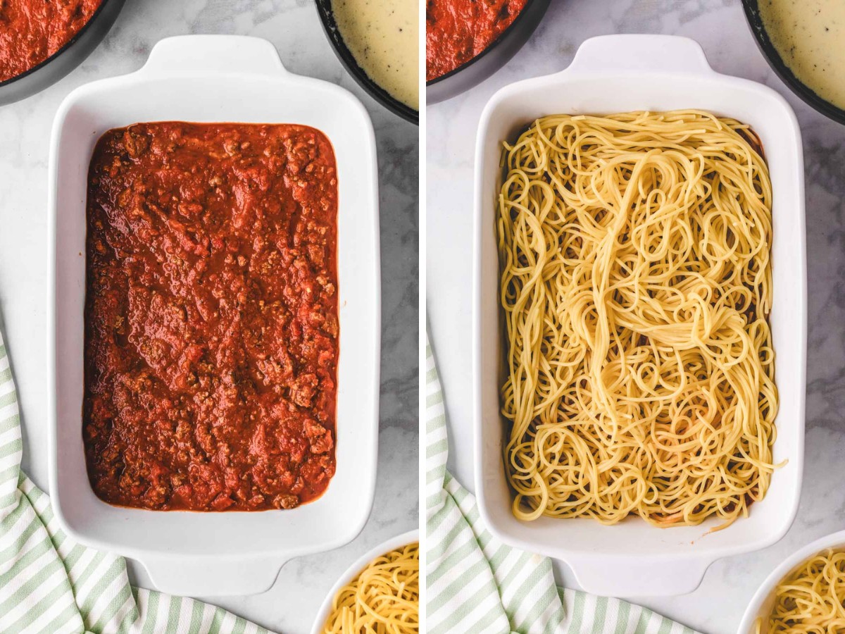 Sauce added to bottom of casserole dish then first layer of spaghetti noodles added on top.