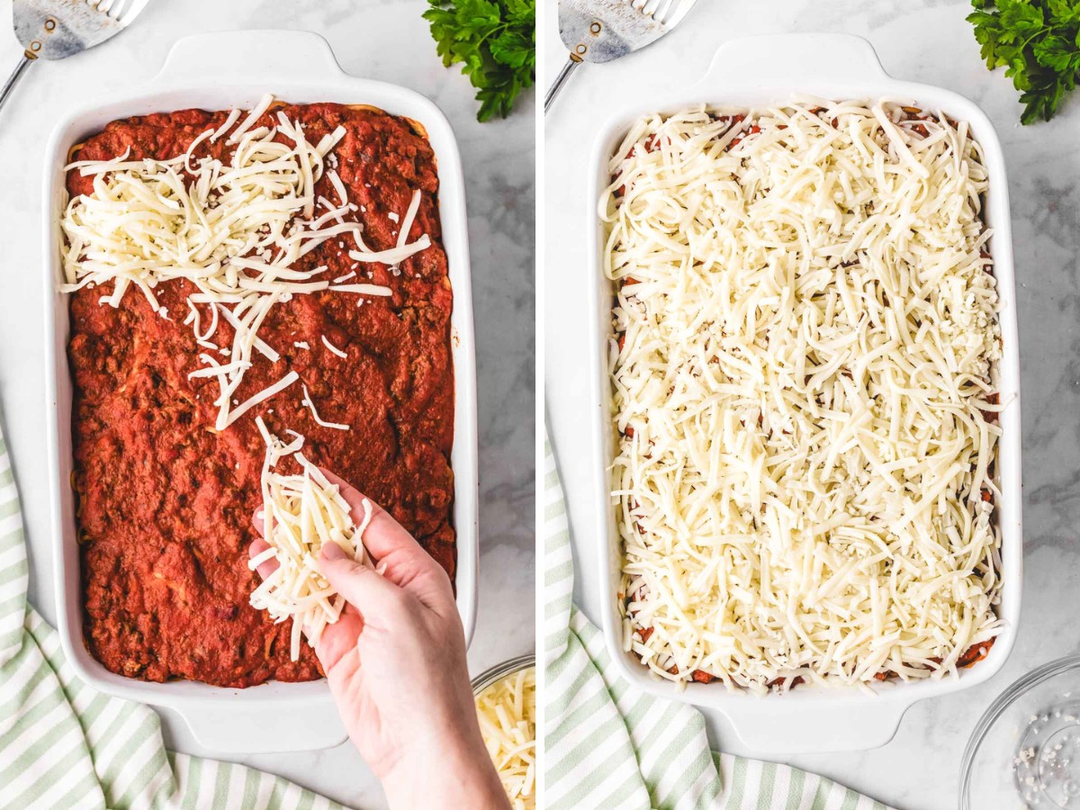 Adding shredded mozzarella cheese to top layer of casserole.