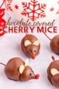 4 little Chocolate Covered Cherry Mice are on the counter with a Christmas bowl in the background.