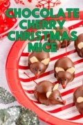 A stripped plate with chocolate Cherry Christmas Mice made with almond ears are plated.
