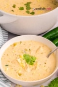 White chicken chili bowl and the serving dish in the back.