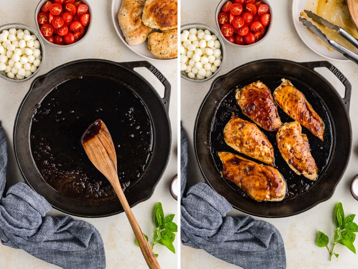 Balsamic glaze in a cast iron skillet then chicken added and topped with glaze.