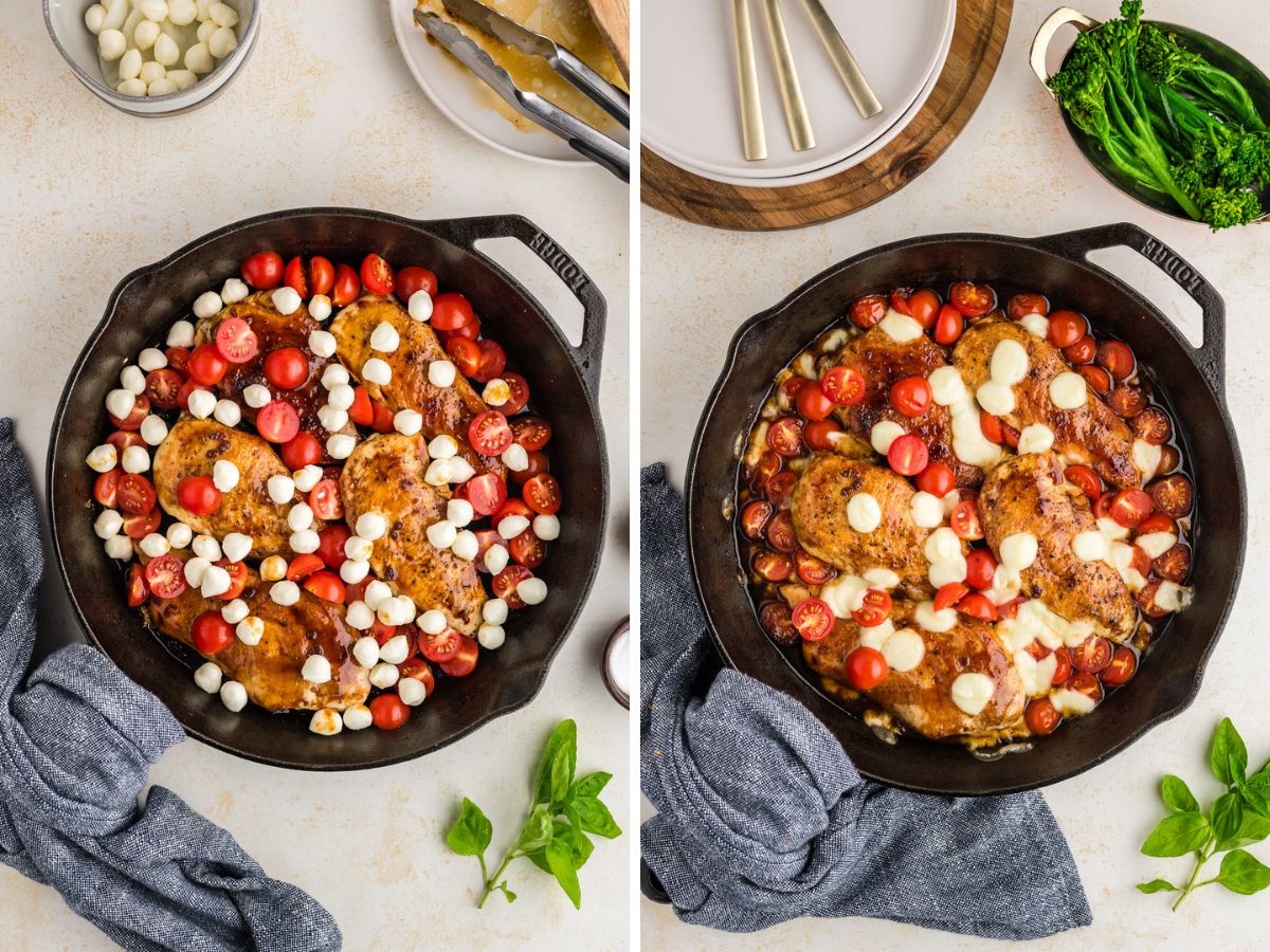 Cherry tomatoes and mozzarella pearls added to chicken in the skillet and cooked until cheese is melted.