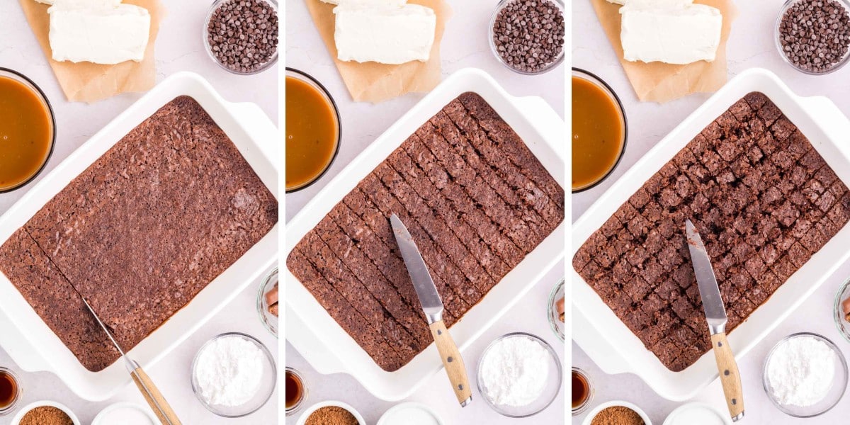 Cutting pan of baked brownie into cubes.