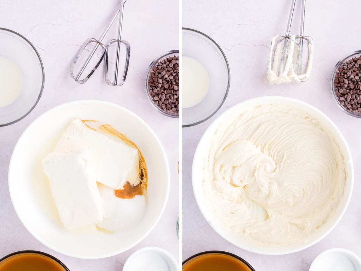 Mixing cream cheese, vanilla, and sugar for cream cheese mixture.