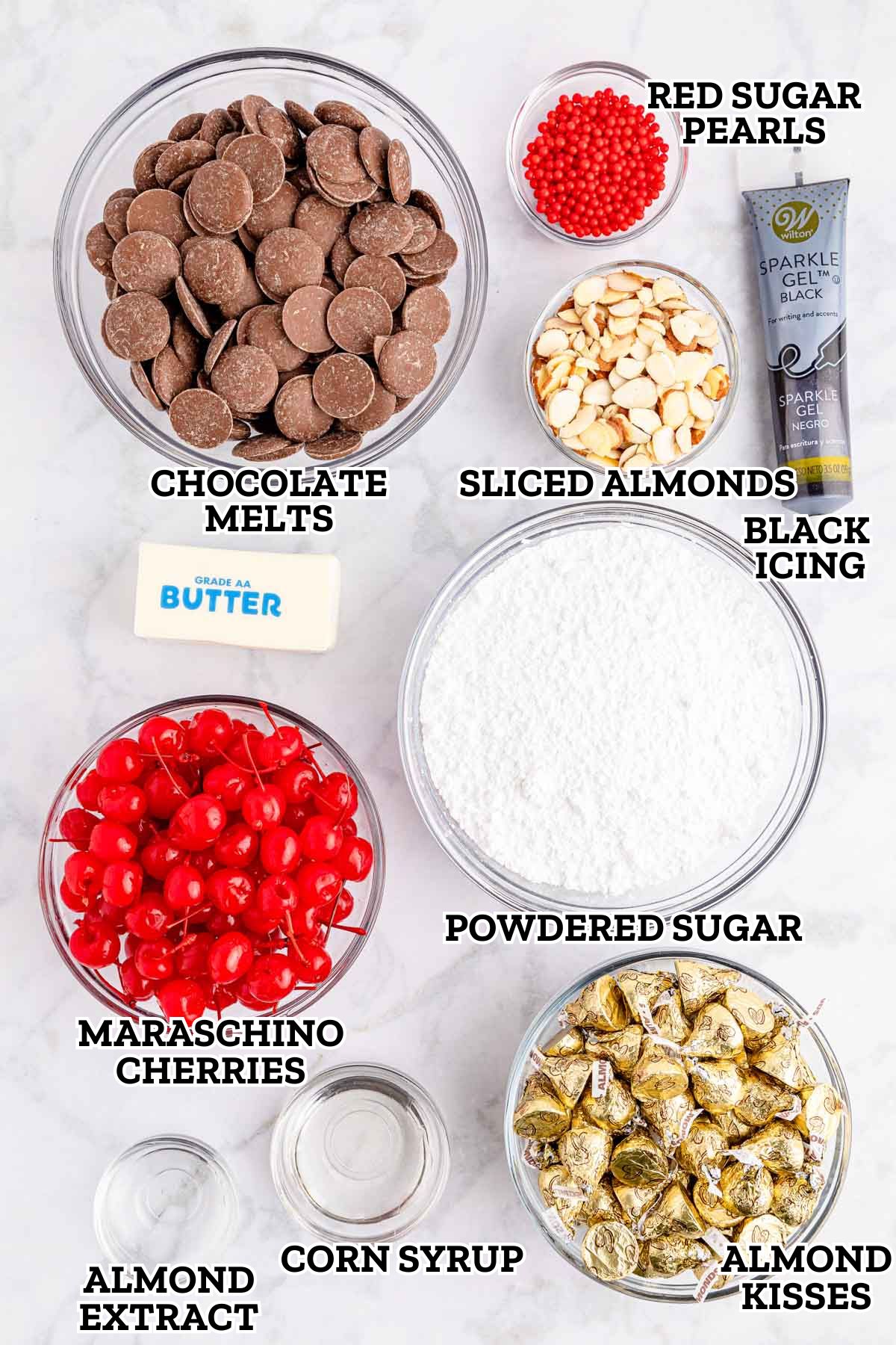 Ingredients used to make chocolate covered cherry mice.