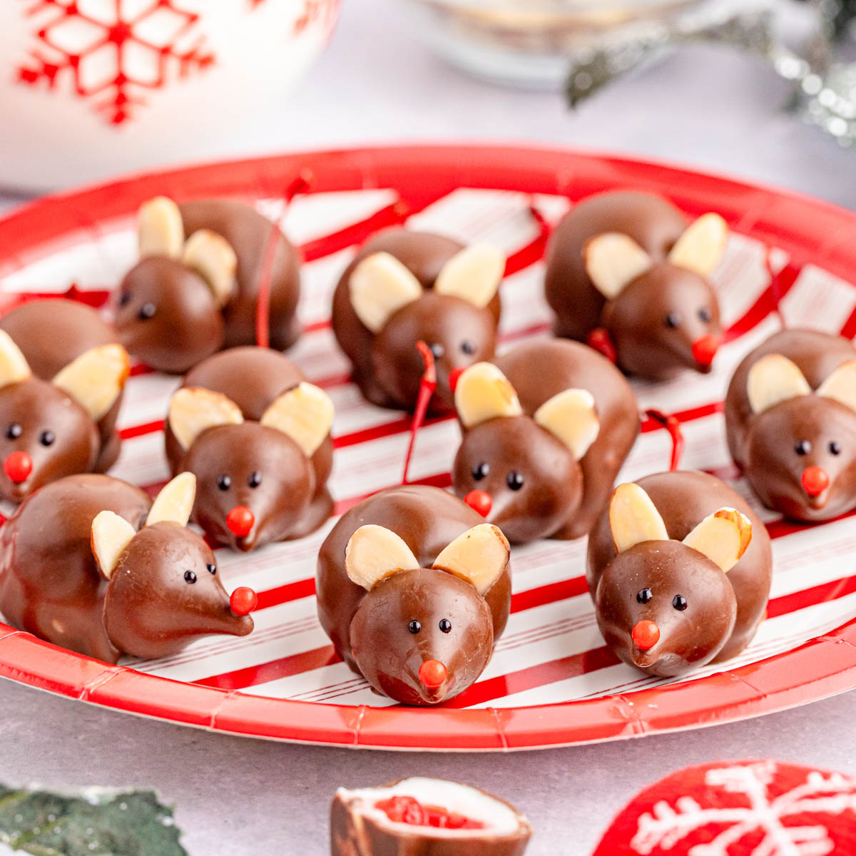 A festive red and white plate with chocolate covered cherry mice.